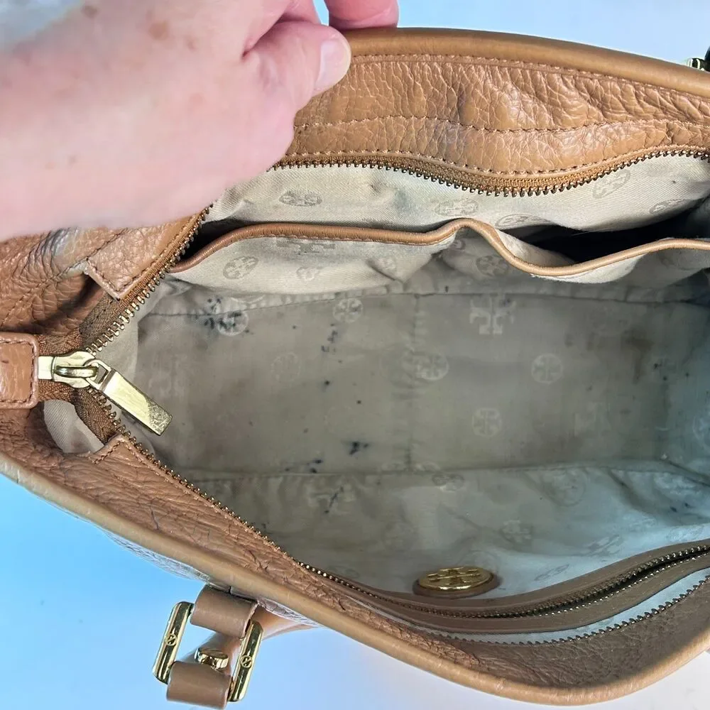 Tory Burch Amanda Caramel Tan Pebble Leather Dual Handle Satchel Handbag